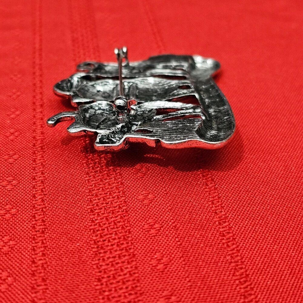 Christmas Vintage Cat Friends Holiday Enamel Silver tone Pin Brooch - Picture 3 of 4